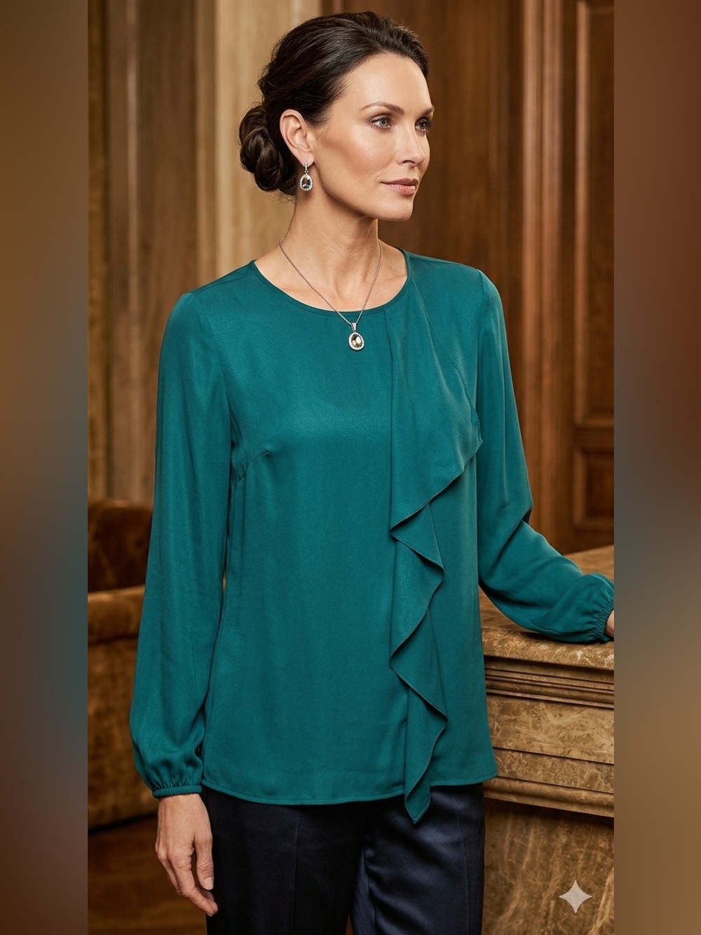 SIZE LARGE Susan Graver® NEW Teal Green Ruffle Front Blouse Long Sleeve Tie Back